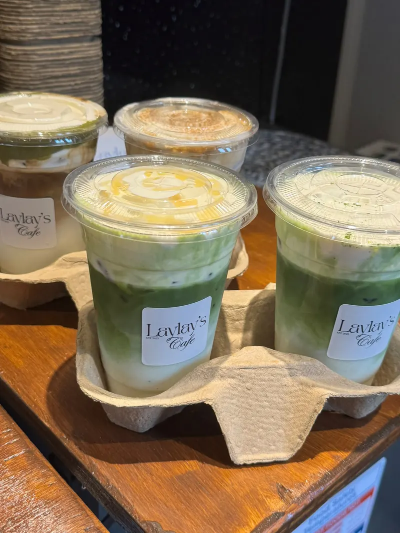 A tray of freshly prepared Laylays matcha drinks